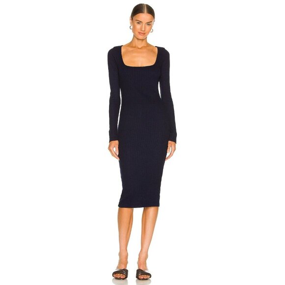 Monrow Small Ribbed Knit Long Sleeve Bodycon Dress Midi Length Square Neck - Picture 1 of 7